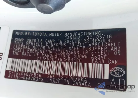 2016 Toyota Corolla Le from USA, damaged, VIN 2T1BURHEXGC681186